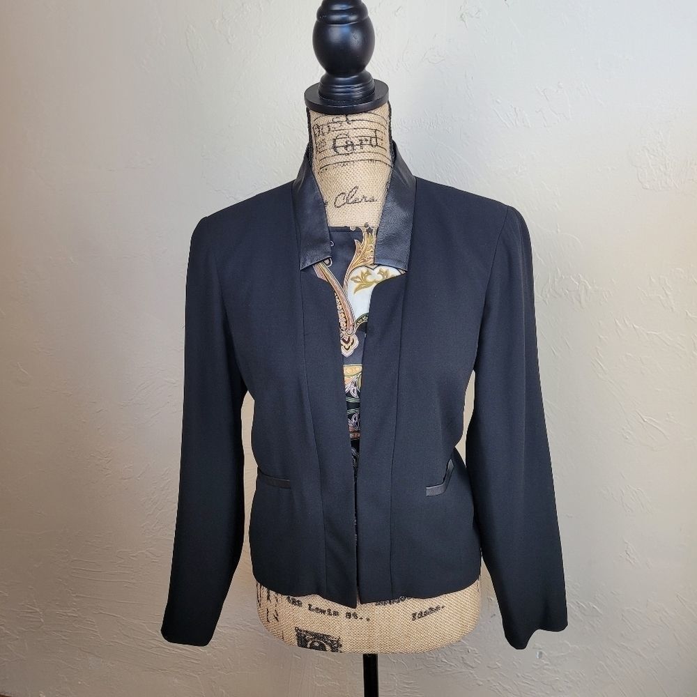 Eileen Fisher Black Faux Leather Trimmed Blazer Size Med.